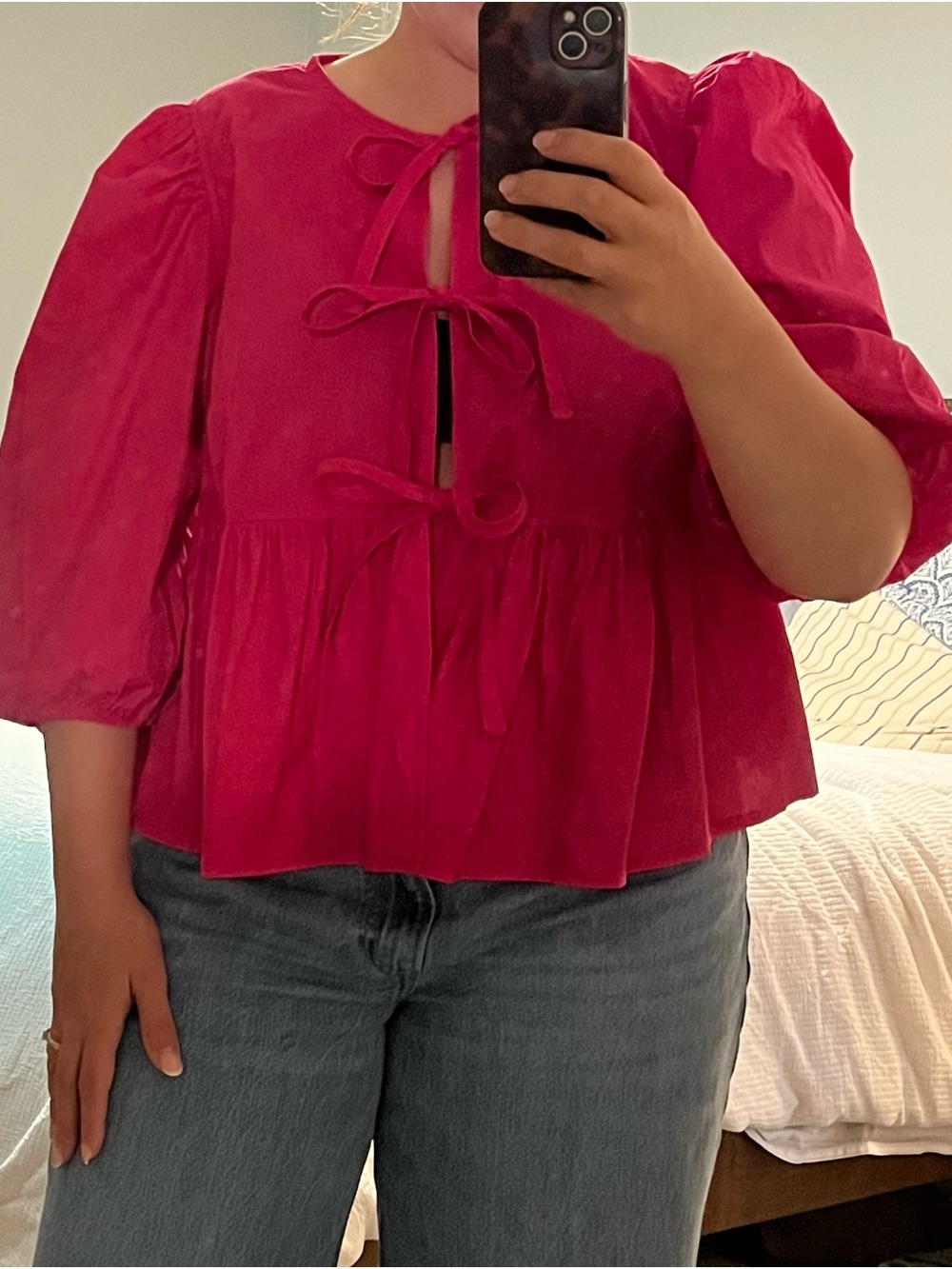 Amazon Bright Fuchsia Tie-Front Peplum Blouse - Picture 2 of 3